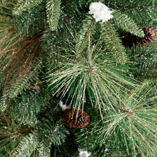 Nearly Natural 3ft. Pre-Lit Artificial Snowed Mixed Pine & Pinecone Christmas Tree in Gold Decorative Planter, Warm White LED lights